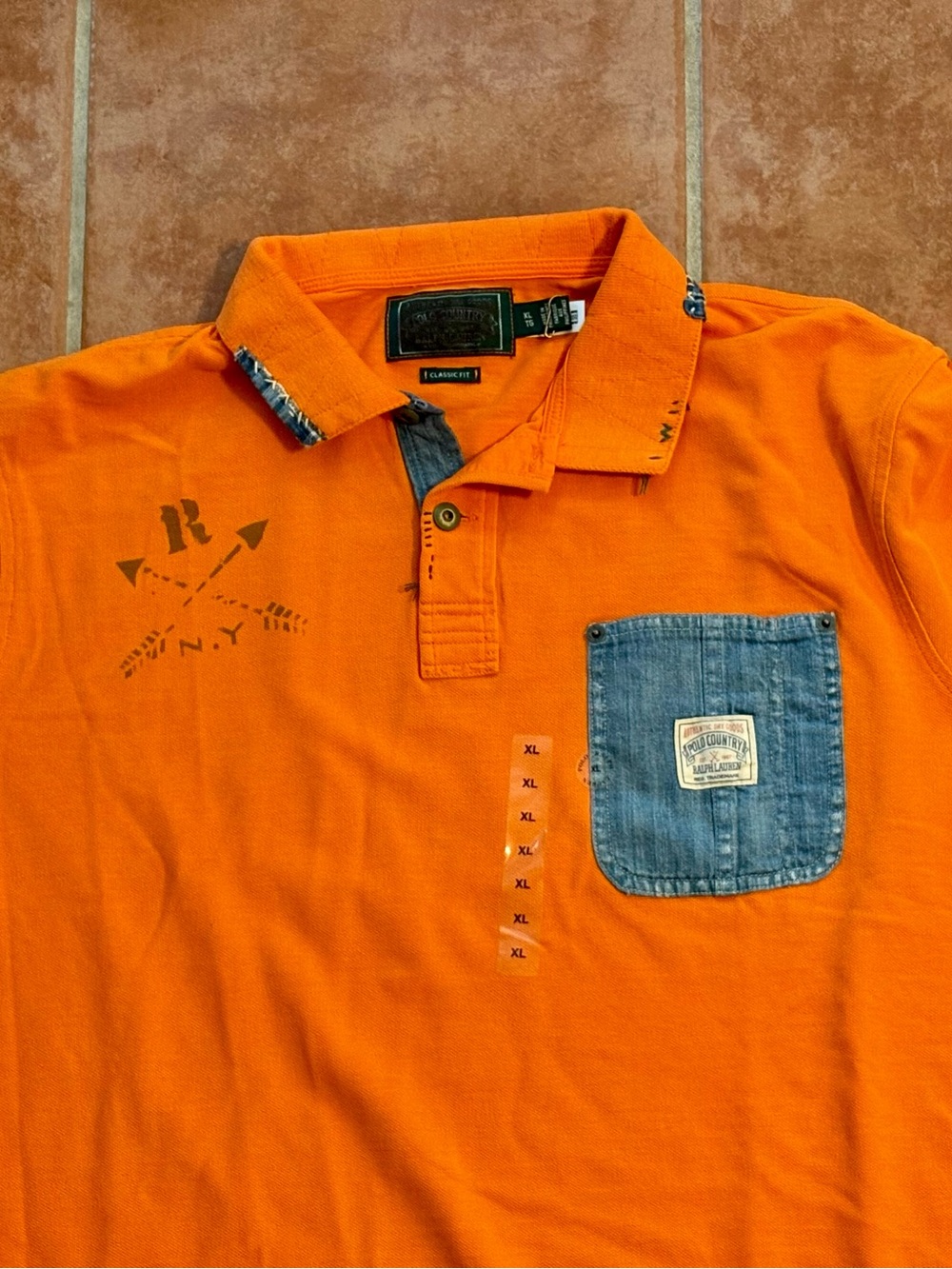 Polo Country by Ralph Lauren orange polo shirt with Blue & Green Accents - Picture 9 of 14
